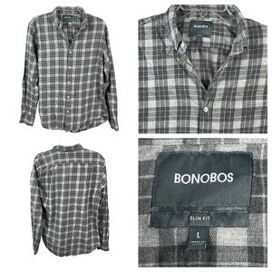Men’s Bonobos Multi-Tone Grey Plaid 100% Cotton Long Sleeve Slim Fit‎ Large 0264